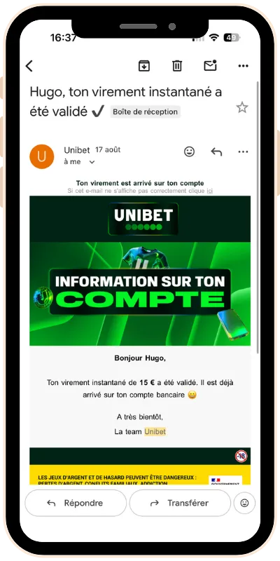 Le mail d’Unibet confirmant ma demande de retrait instantané le 17 août 2026