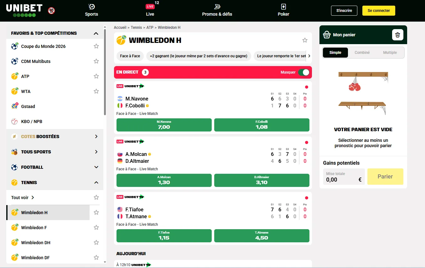 Les cotes Unibet pour Wimbledon le 01 juillet 2026