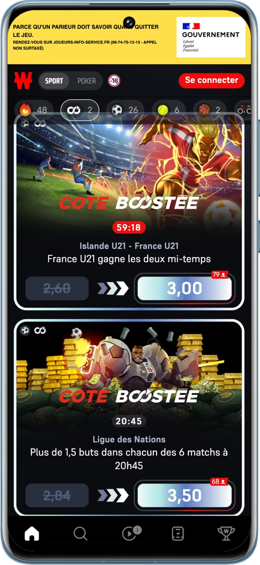 Cotes boostées journalières affichées sur Winamax