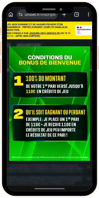 Bonus visible sur Unibet après avoir cliqué sur notre lien