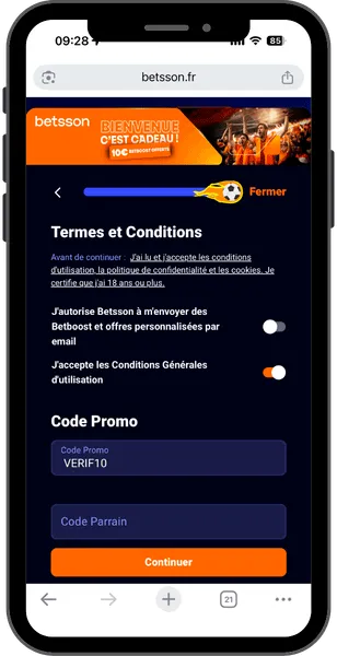 Validation du bonus sans dépôt Betsson de 10 €